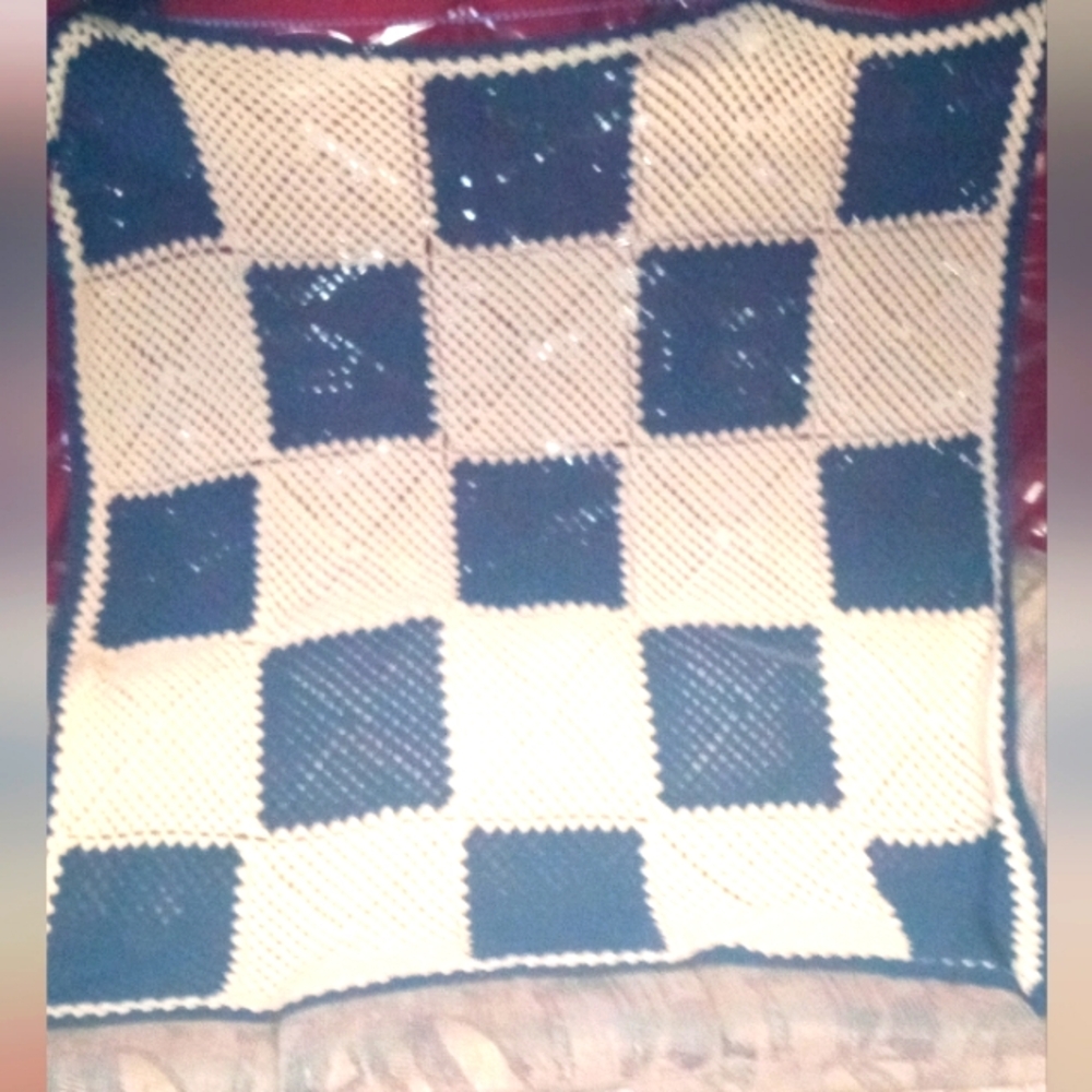 Handmade Large Afghan Bordered Navy Blue & Antique white